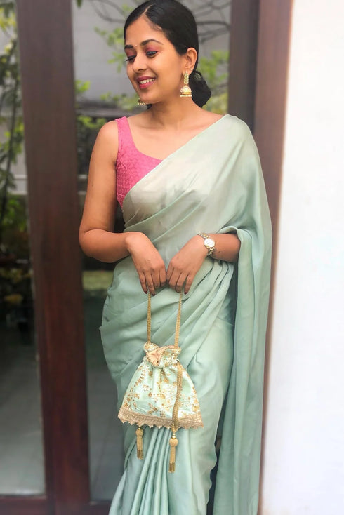 Alia Silk Embroidered Potli Bag Mint